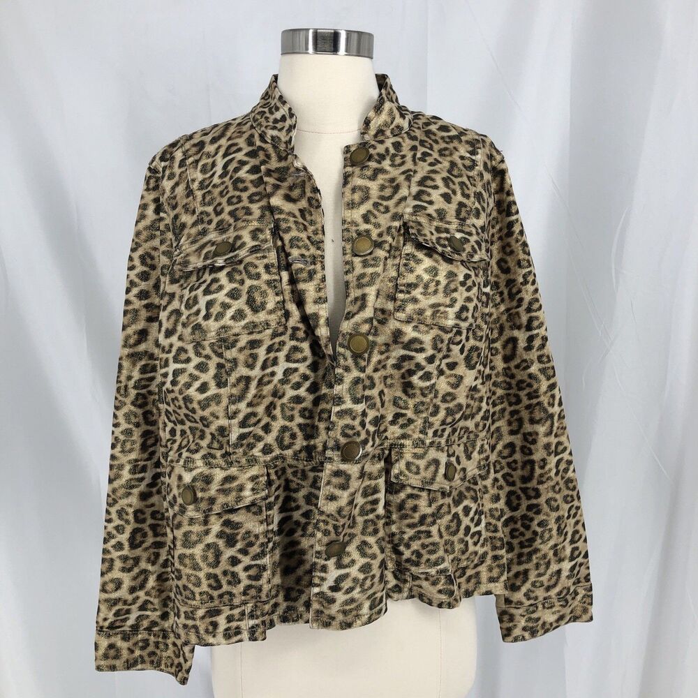Chico's Leopard Print Jean Jacket Collared Button Front Pockets,Size 1 (8-10)